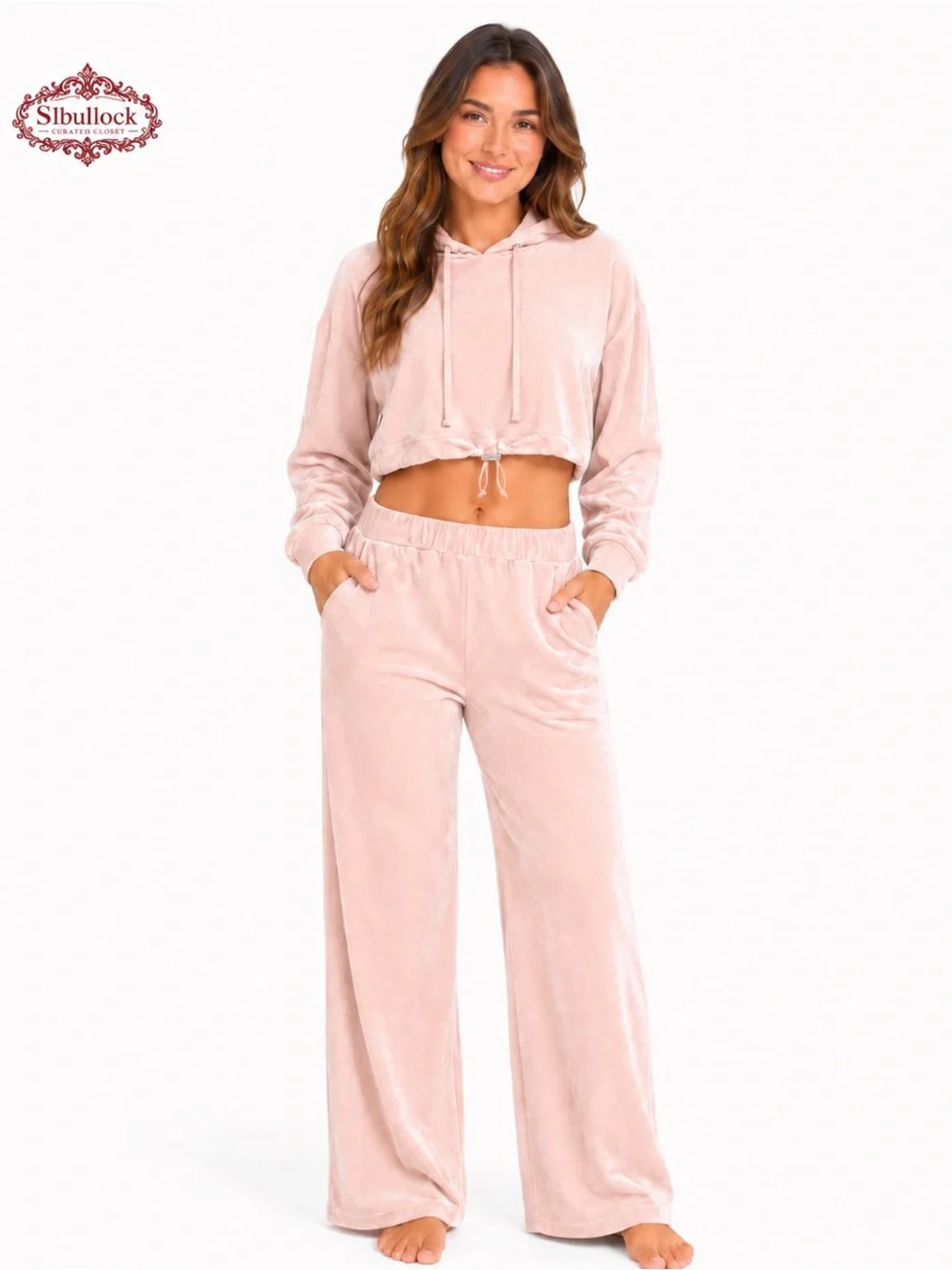 R5 Rosevelvet NWT Velour Cropped Hoodie Wide Leg Lounge Set S M